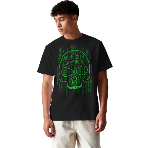 Camiseta Oversized Gamer Game Over Caveira Matrix Verde | DTF